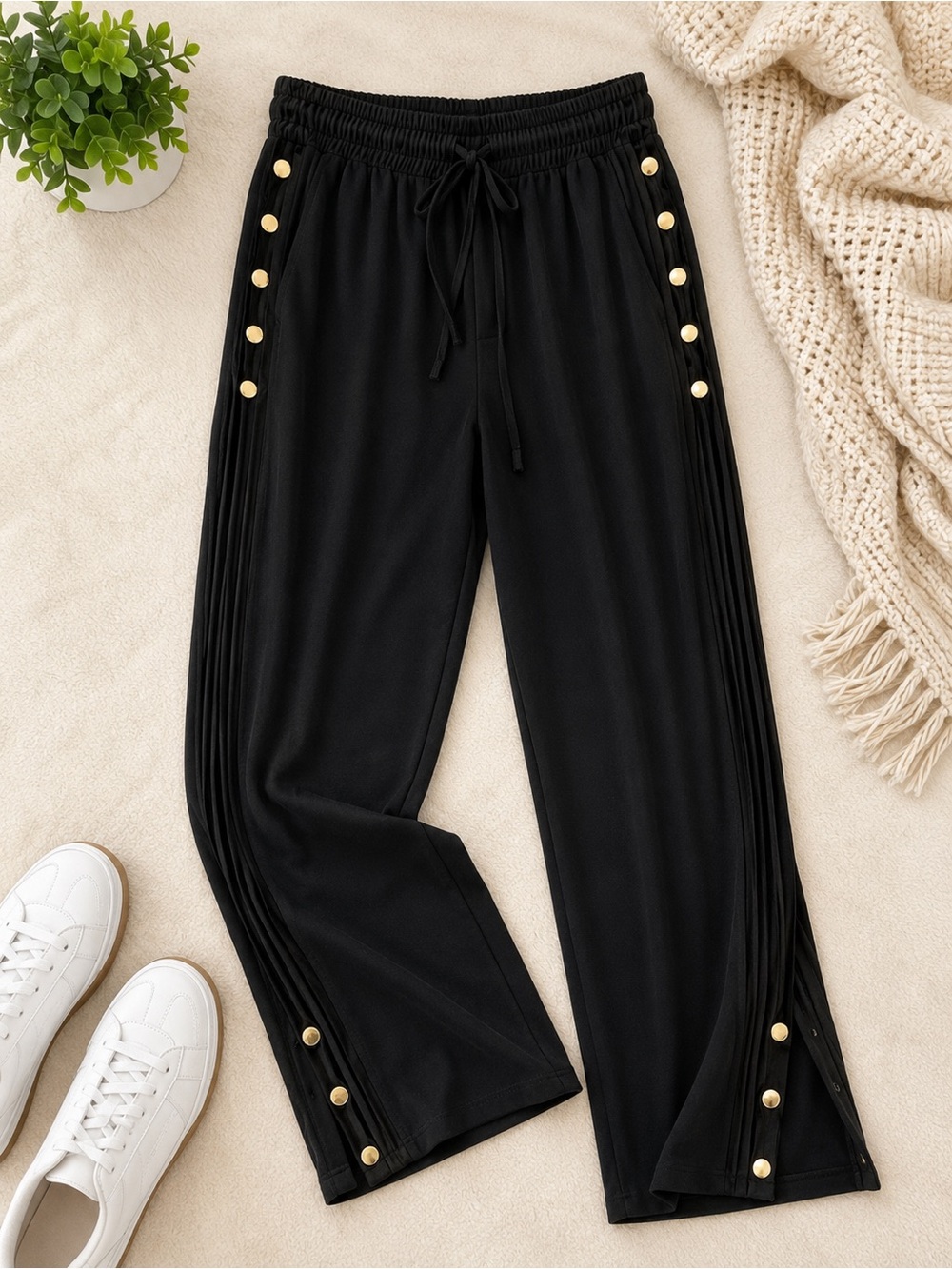 NUX Black Wide-Leg Track Pants with Gold Buttons